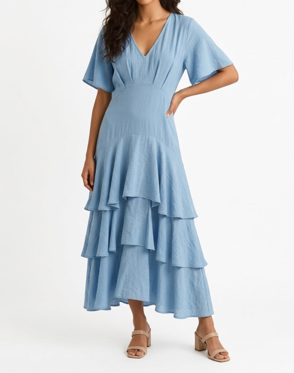 Vestido Largo con Volantes y Escote en Pico – Elegante y Fluido