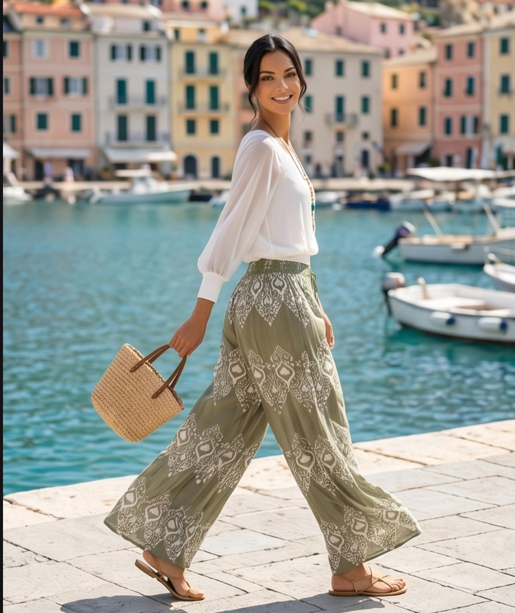 Pantalón Fluido con Estampado y Cintura Elástica – Estilo Boho