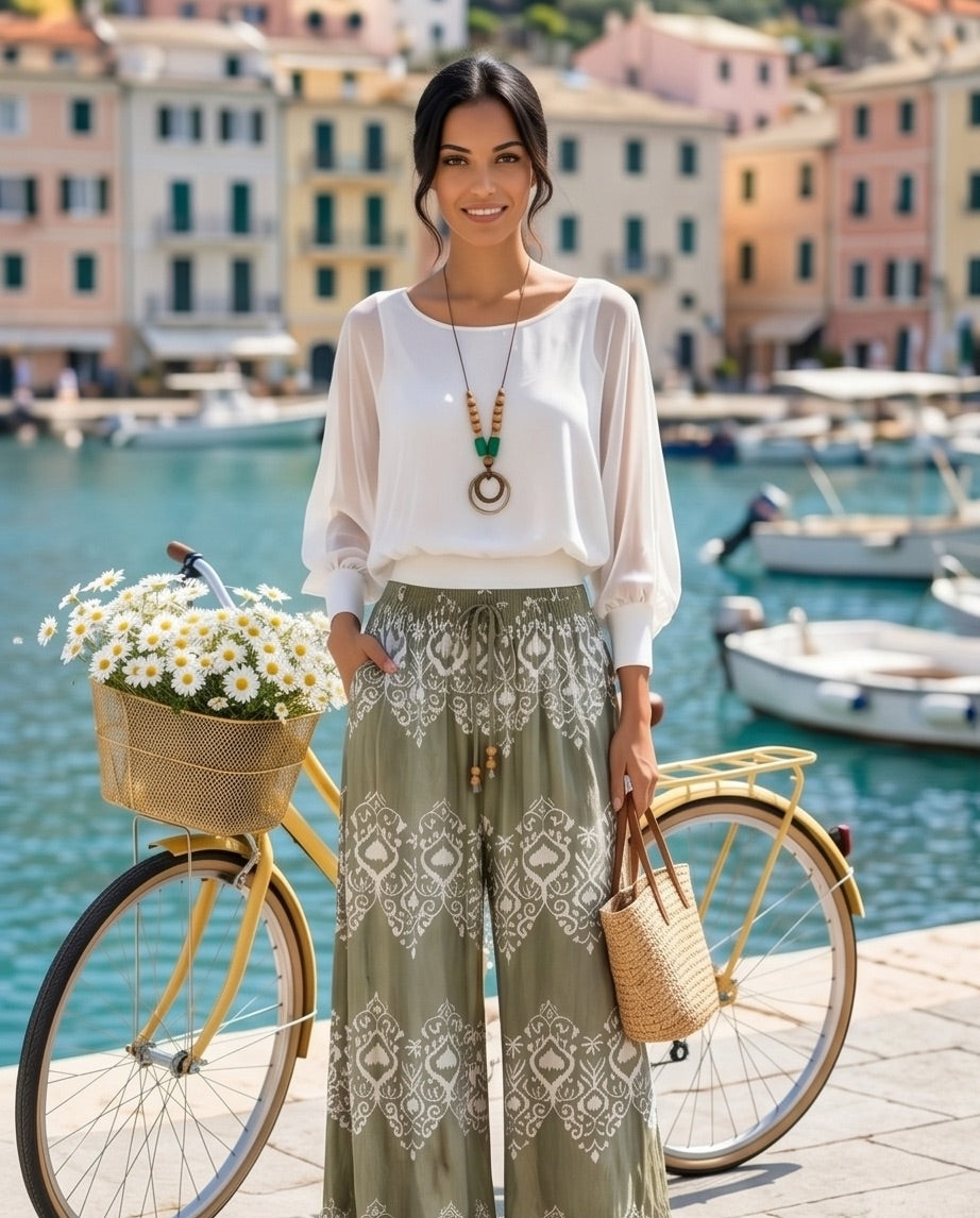 Pantalón Fluido con Estampado y Cintura Elástica – Estilo Boho
