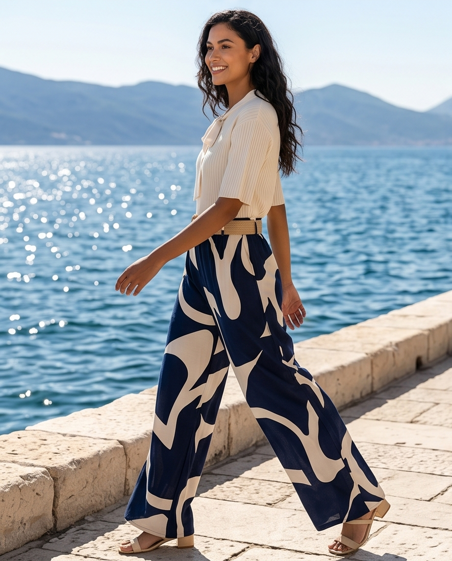 Pantalón Fluido con Estampado Abstracto – Estilo Elegante