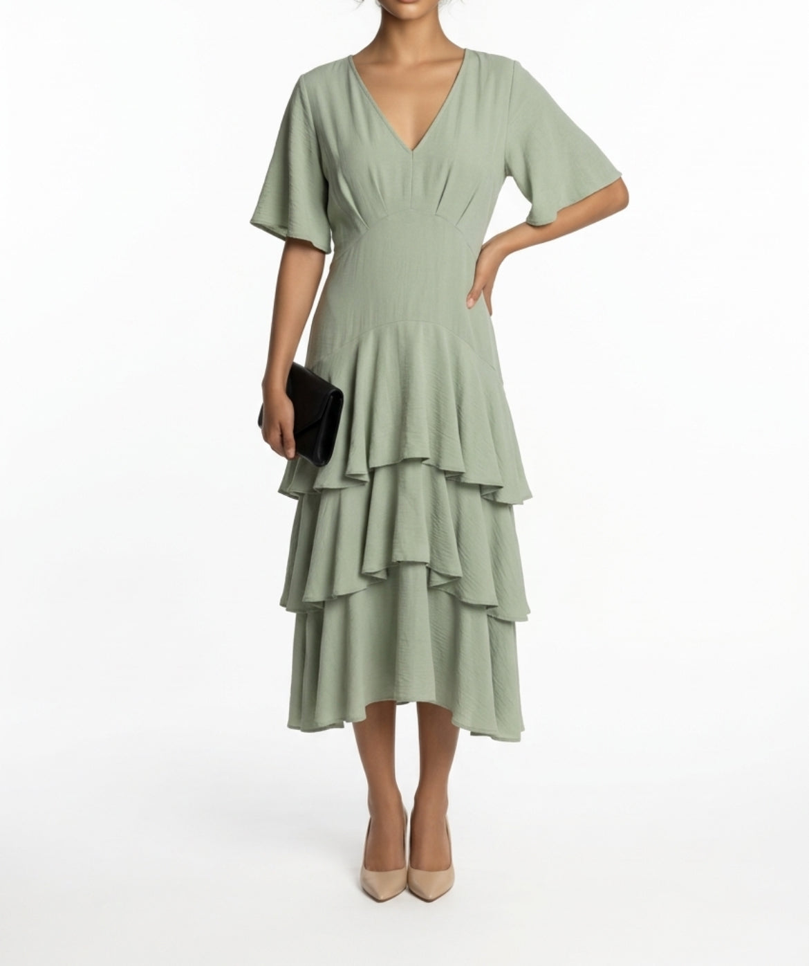 Vestido Largo con Volantes y Escote en Pico – Elegante y Fluido