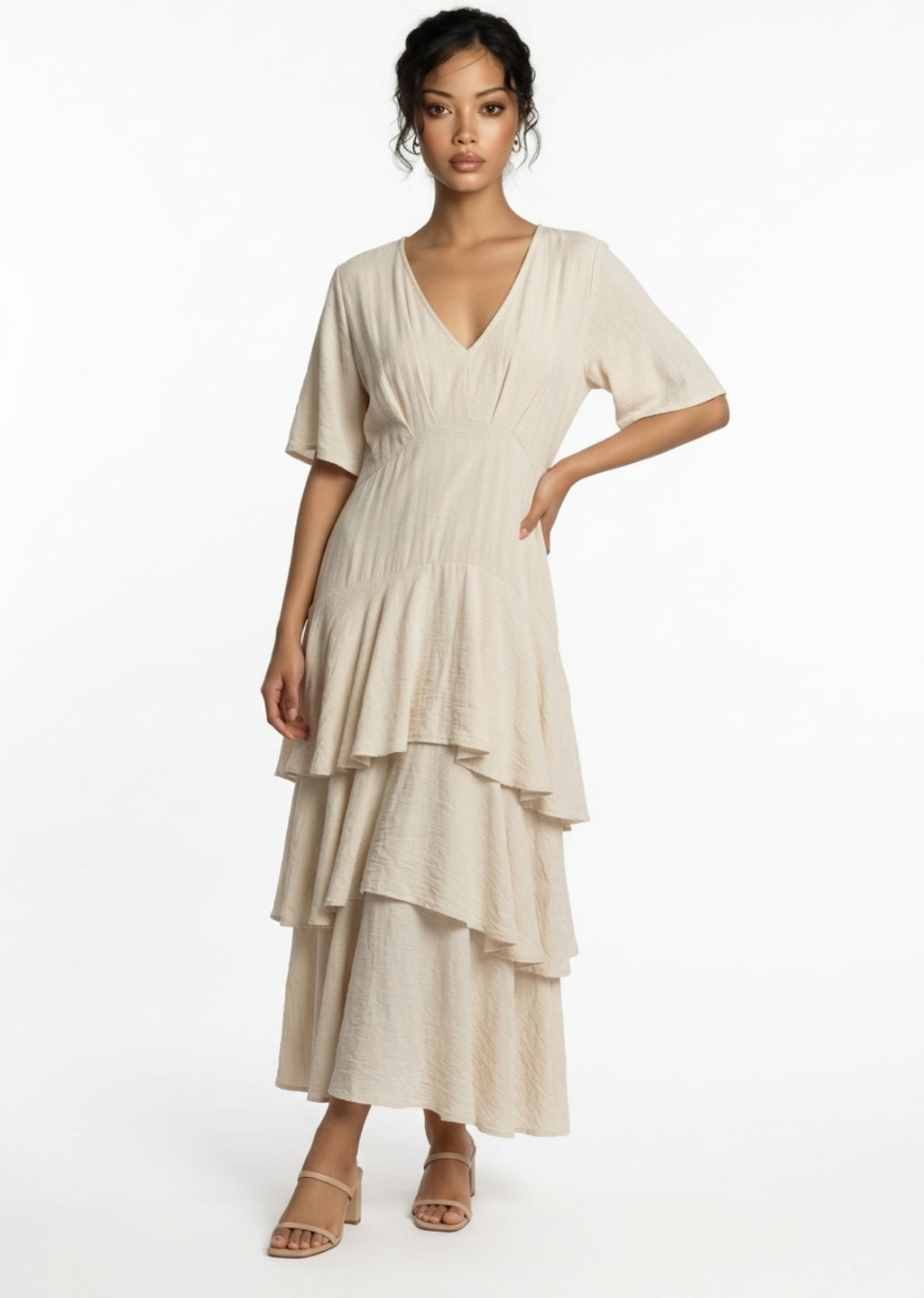 Vestido Largo con Volantes y Escote en Pico – Elegante y Fluido