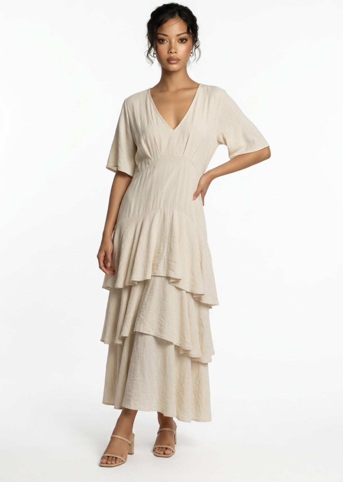 Vestido Largo con Volantes y Escote en Pico – Elegante y Fluido