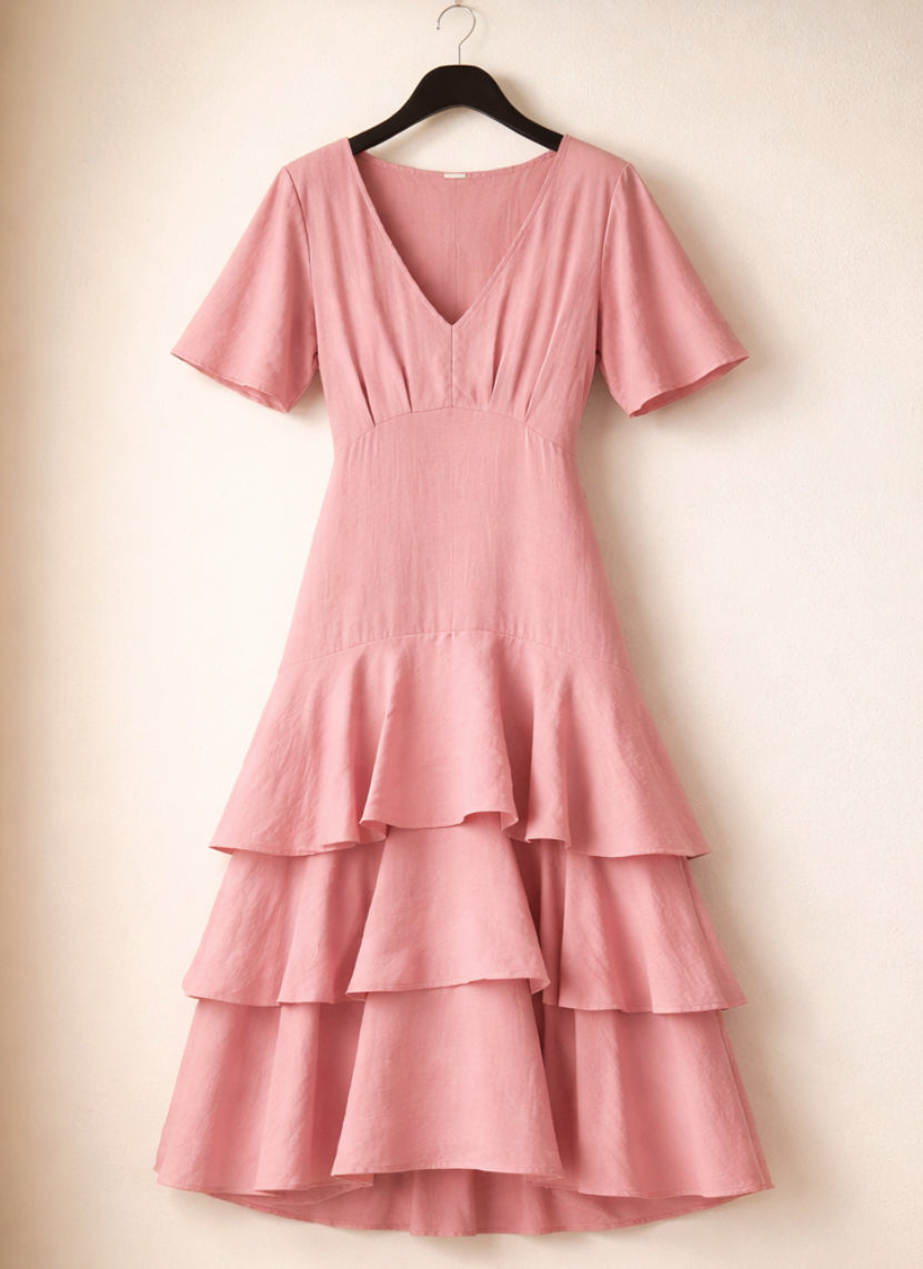 Vestido Largo con Volantes y Escote en Pico – Elegante y Fluido