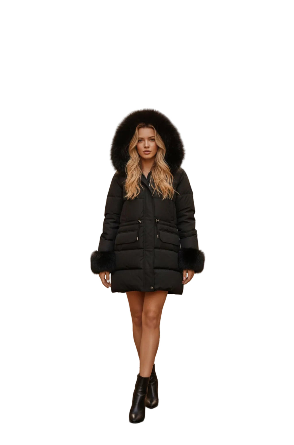 abrigo cálida con capucha y todos los detalles de peluche desmontables