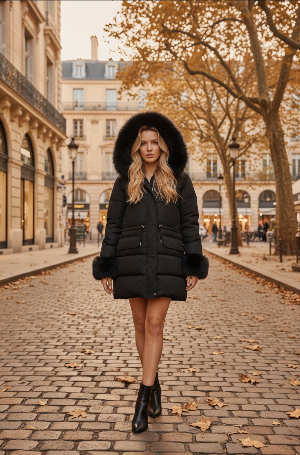 abrigo cálida con capucha y todos los detalles de peluche desmontables