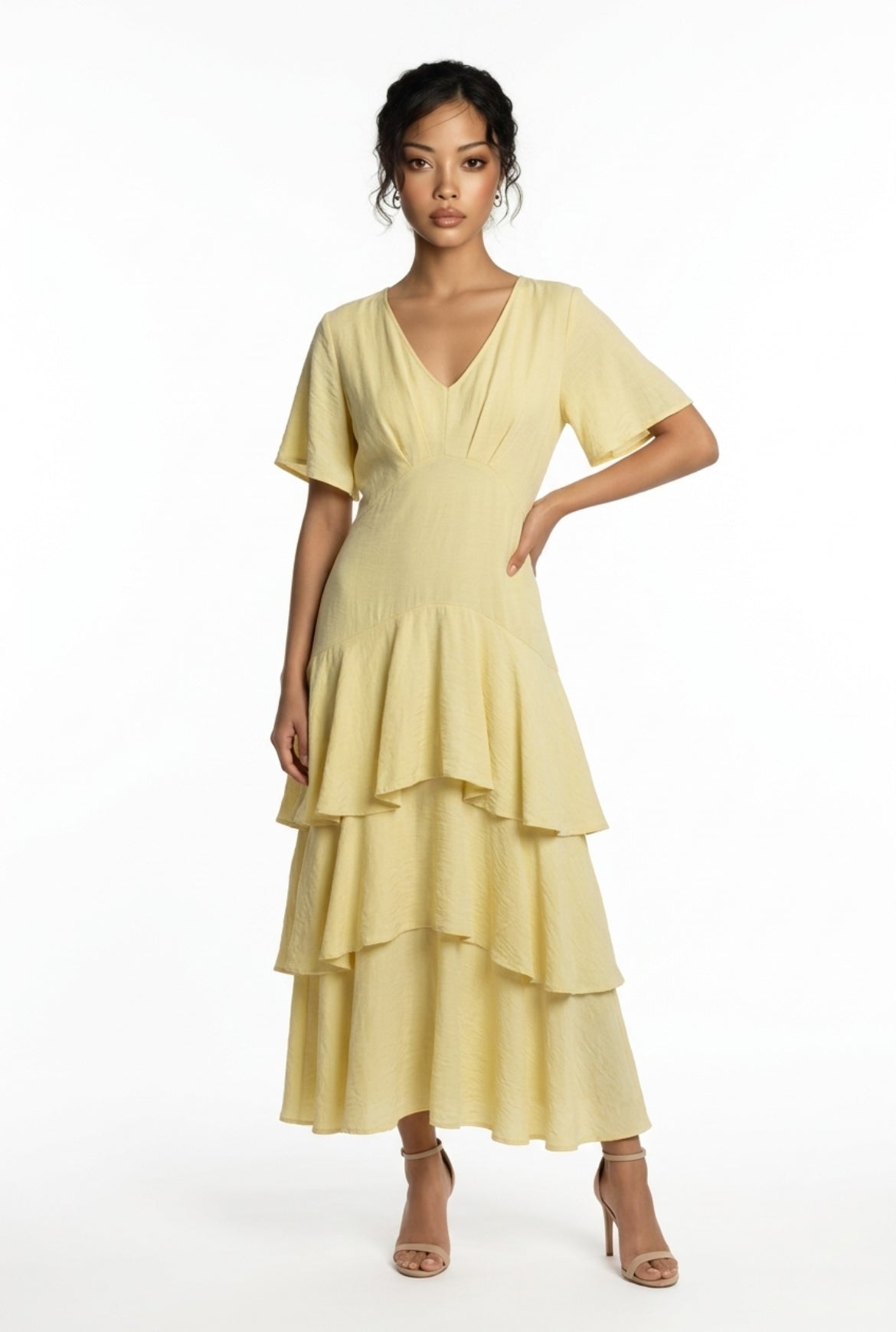 Vestido Largo con Volantes y Escote en Pico – Elegante y Fluido