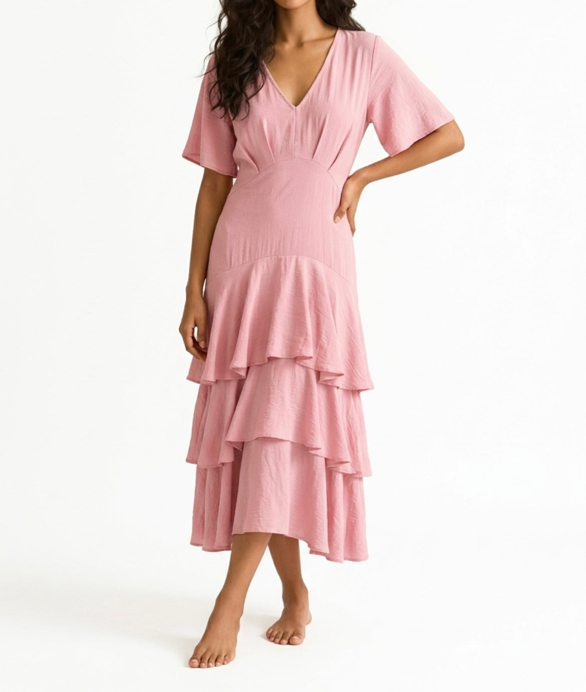 Vestido Largo con Volantes y Escote en Pico – Elegante y Fluido